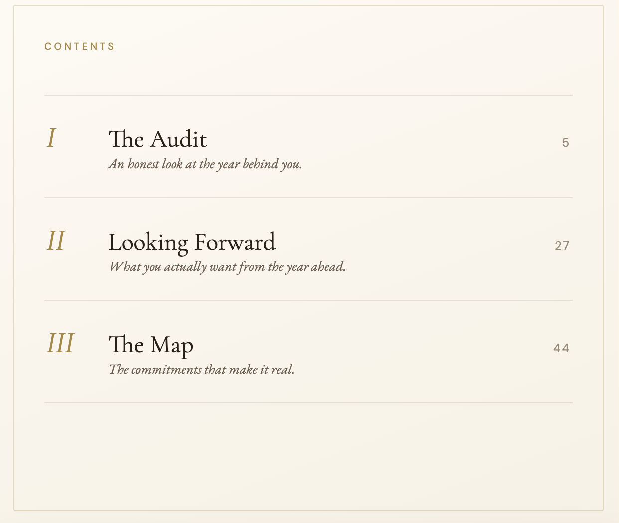 Contents: The Audit, Looking Forward, The Map